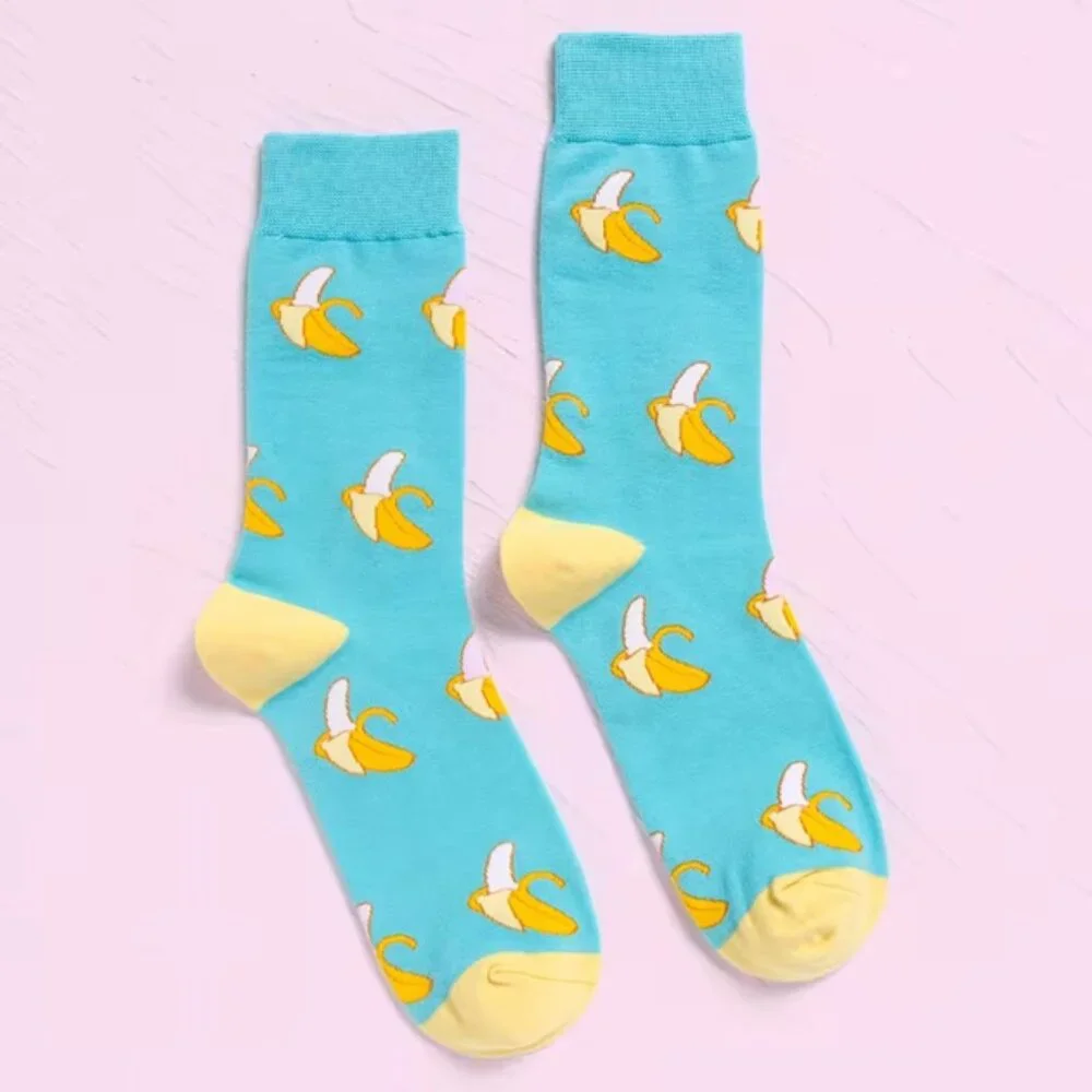 Banana Themed Crew Socks - Aqua/Yellow - Gender Neutral- OS - NWT